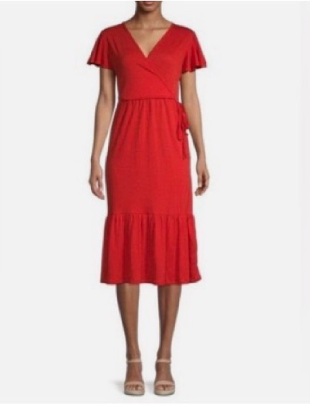 Max Studio Red Faux Wrap Flutter Sleeve MIDI Dress